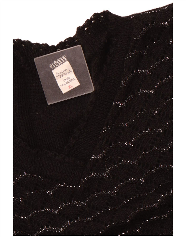 VINTAGE Dame Kortærmet V-hals sweater UK 18 XL Sort Stribet