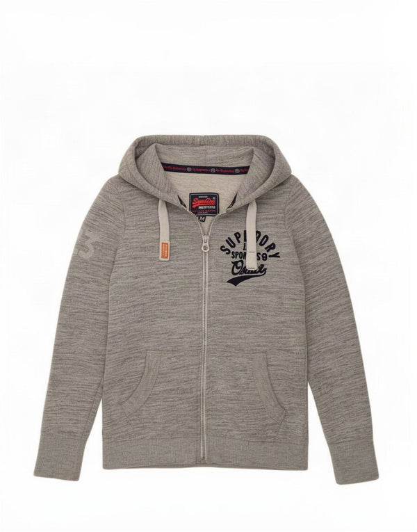 Superdry grafisk hættetrøje med lynlås til kvinder UK 14 mellemgrå flækket bomuld