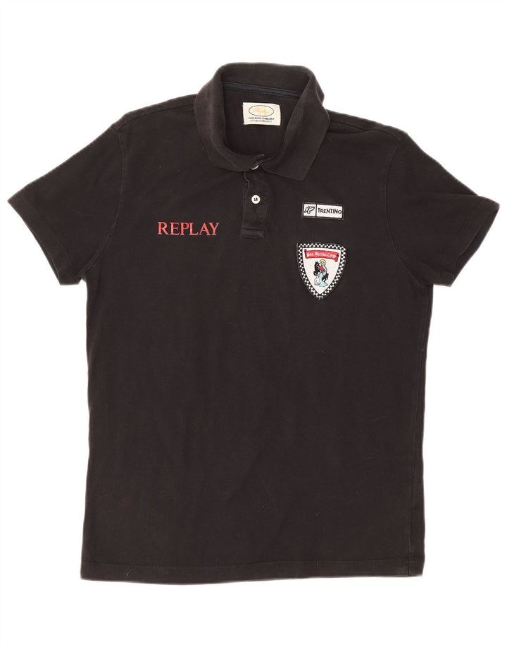 REPLAY Mens Graphic Polo Shirt Medium Black Cotton