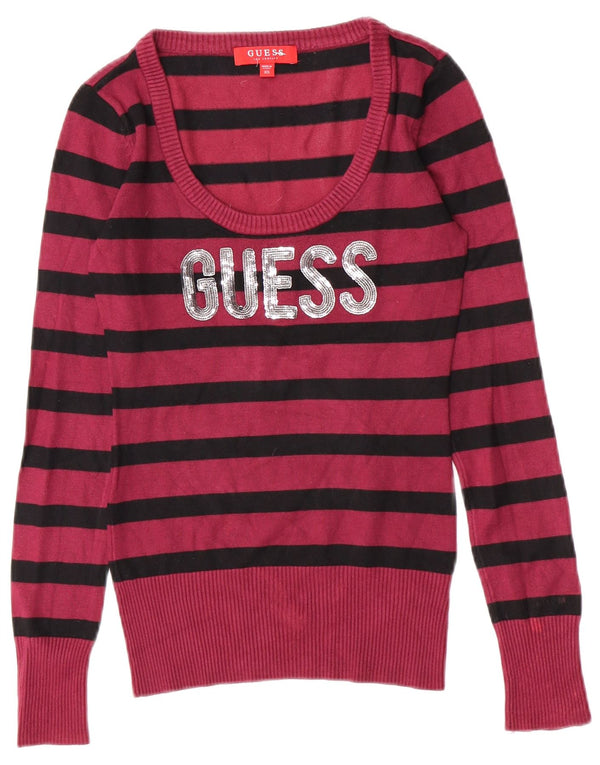 Guess Dame Grafisk Boat Neck Jumper Sweater UK 4 XS Burgundy Striped