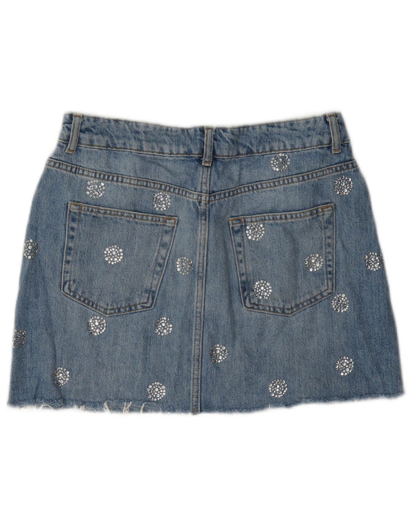 Topshop Dame Mini Denim Nederdel UK 12 Medium W28 Blå Plettet Bomuld