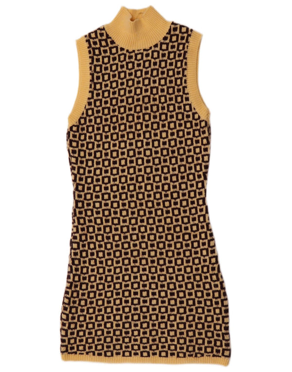 Zara Dame Sleeveless Jumper Dress UK 12 Medium Yellow Geometric Acrylic