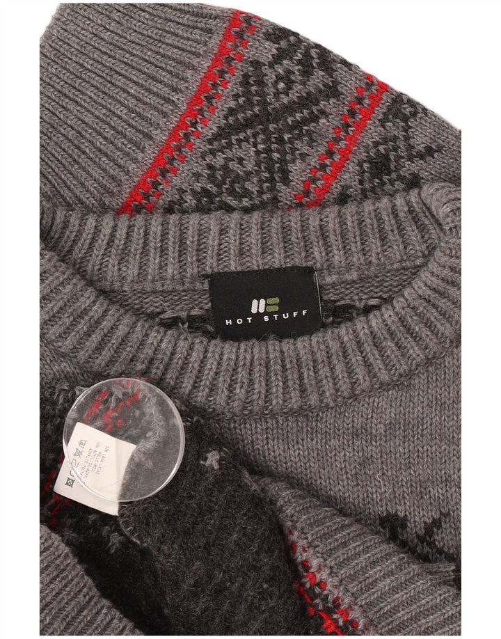 Hot Stuff Herre Crew Neck Jumper Sweater Large Grey Fair Isle Wool