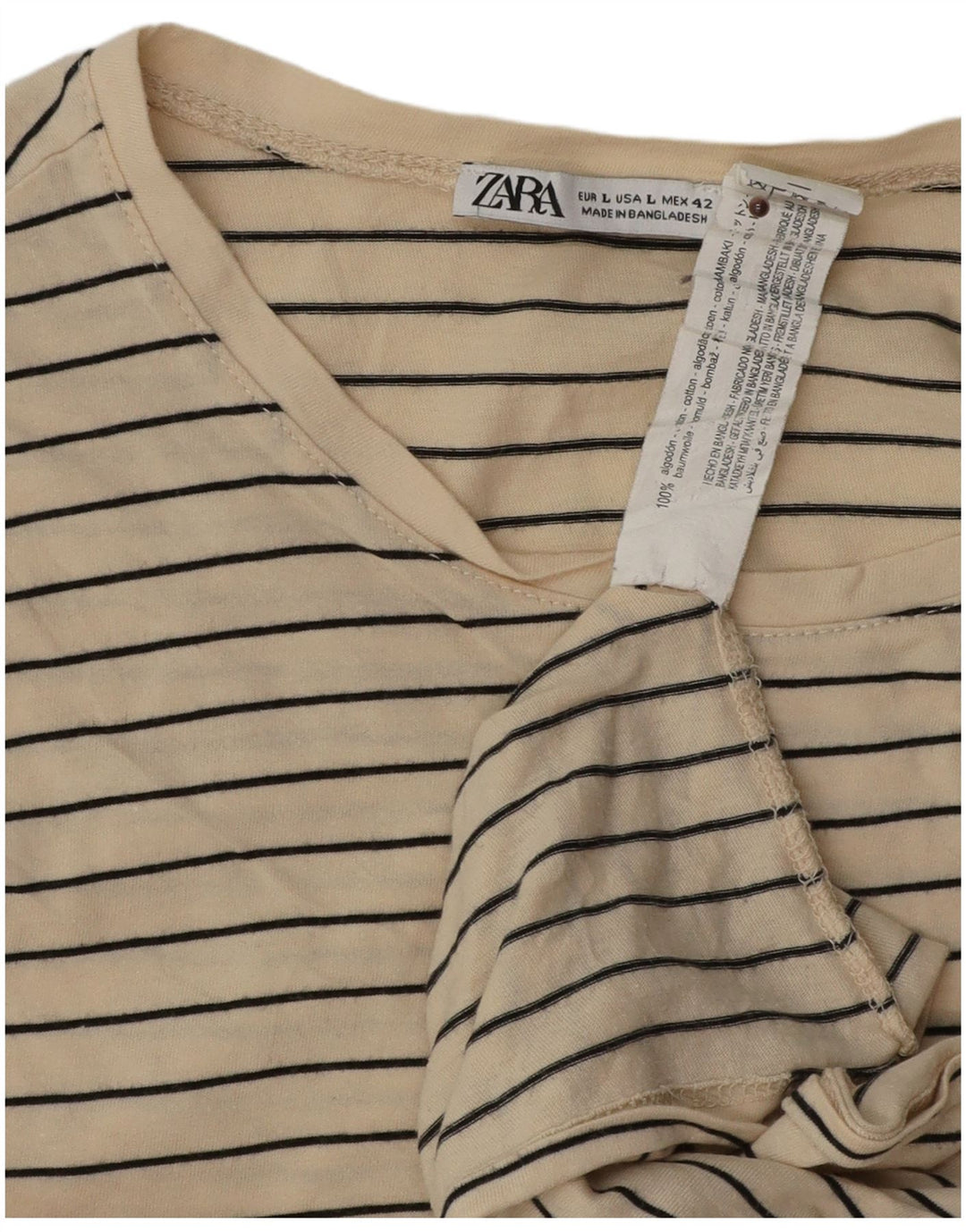 Zara Herre T-Shirt Top Stor Beige Stribet Bomuld