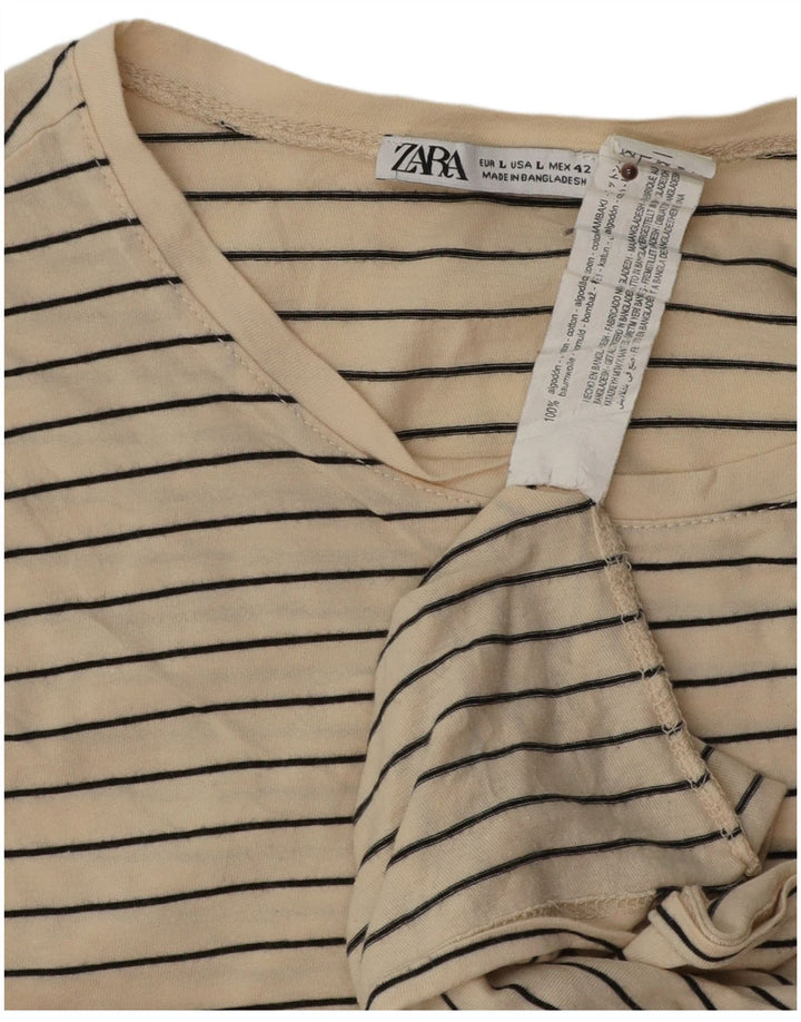 Zara Herre T-Shirt Top Stor Beige Stribet Bomuld