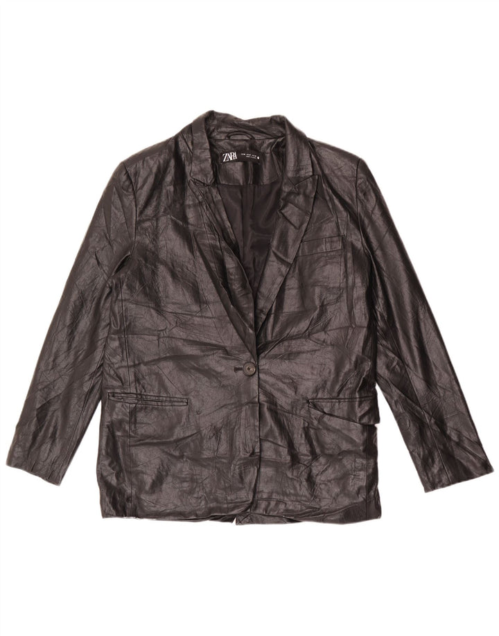 Zara Dame 1 knap imiteret læder blazerjakke UK 14 Medium Sort