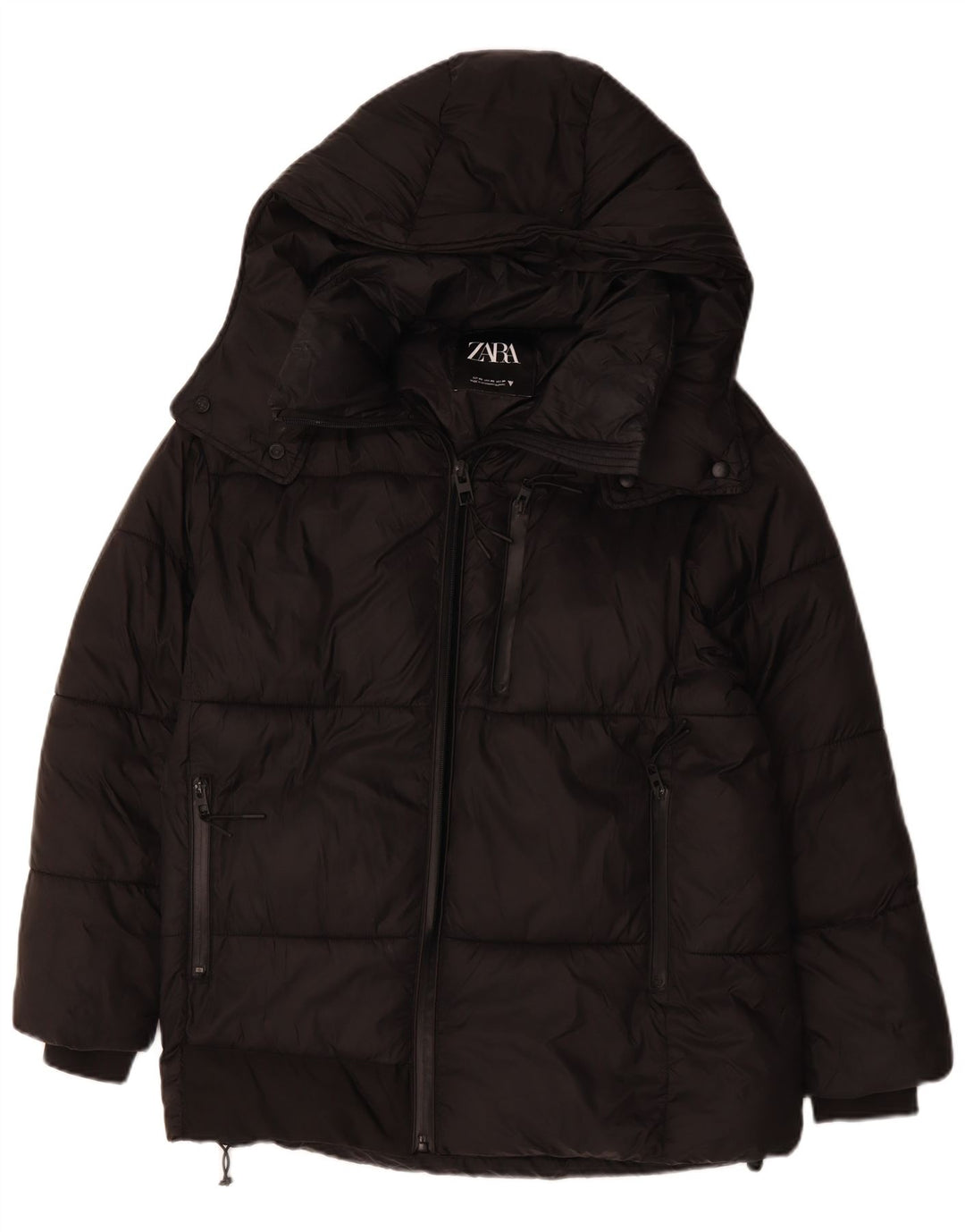 ZARA oversized hættejakke til kvinder, UK 6 XS sort polyester