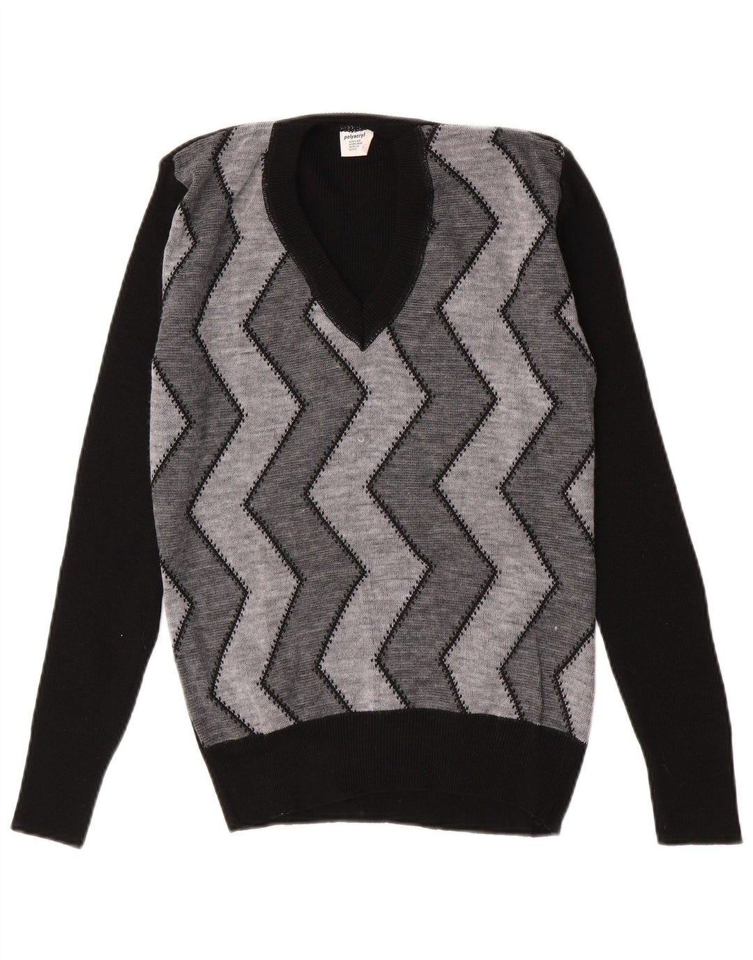 Vintage Herre V-hals sweater IT 52 Stor sort Chevron Polyacryl