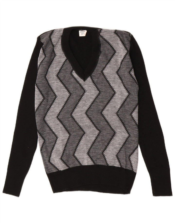Vintage Herre V-hals sweater IT 52 Stor sort Chevron Polyacryl