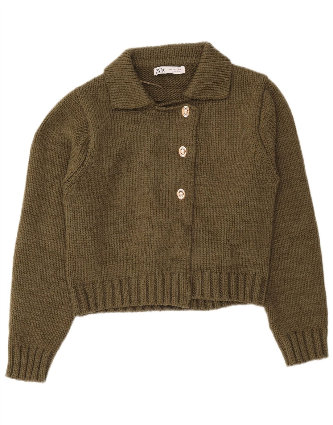 Zara Womens Crop Cardigan Sweater UK 16 Large Khaki Polyester