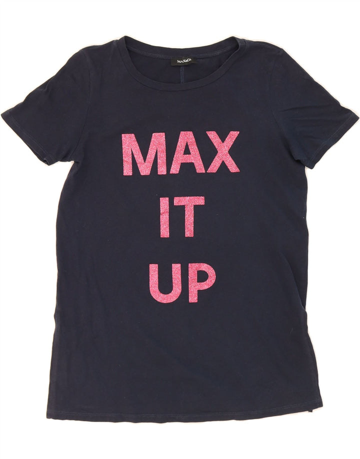 MAX & CO. Womens Graphic T-Shirt Top UK 12 Medium Navy Blue Vintage Max & Co. and Second-Hand Max & Co. from Messina Hembry 