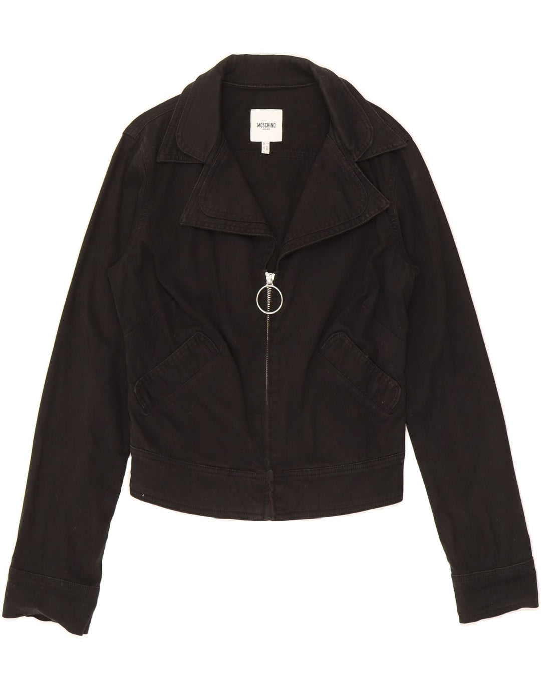 MOSCHINO Womens Crop Bomber Jacket UK 16 Large Black Cotton Vintage Moschino and Second-Hand Moschino from Messina Hembry 