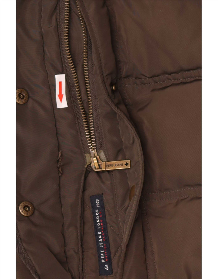 PEPE jeans Dame hætte polstret frakke UK 10 Small Brown Polyester