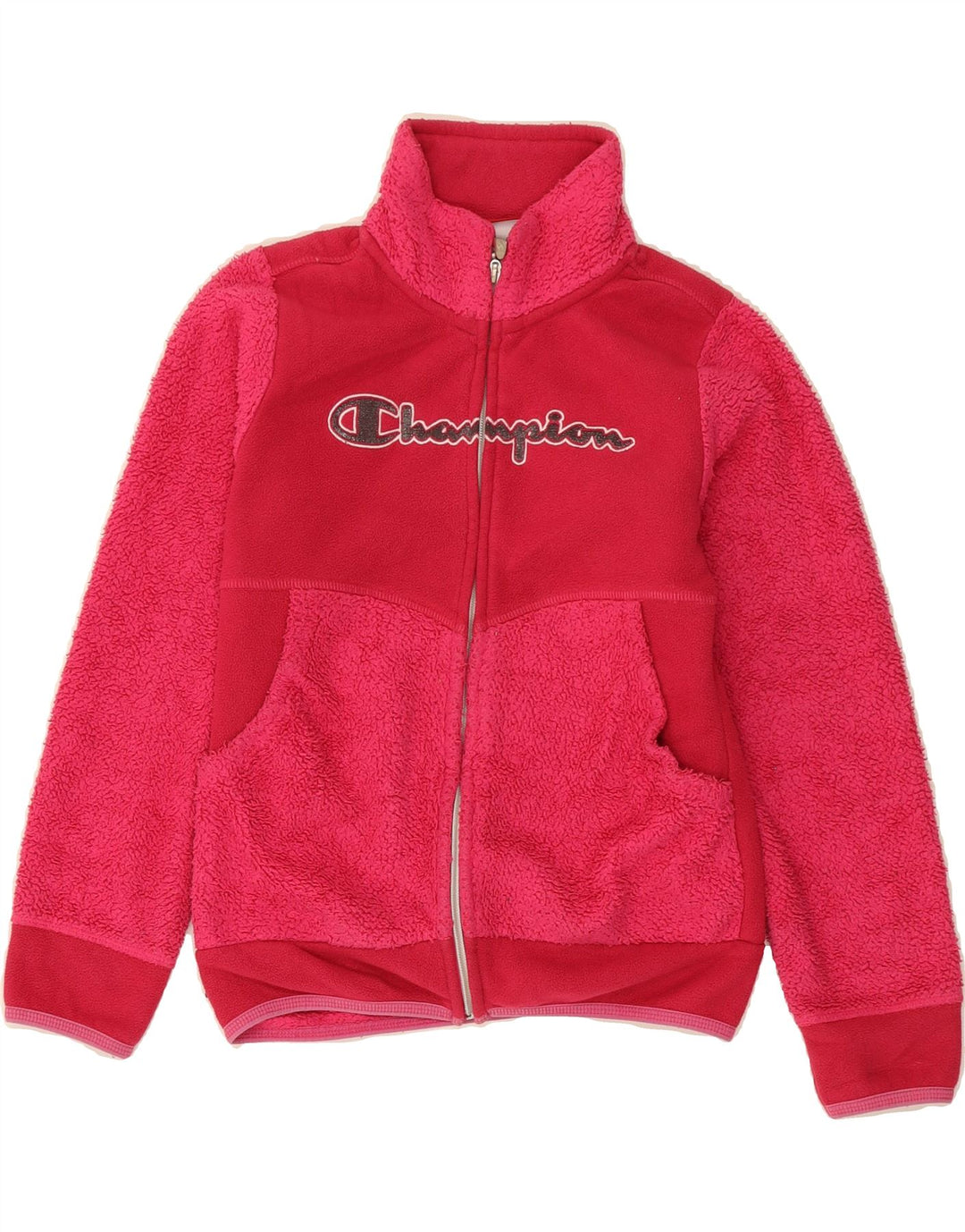 CHAMPION Girls Graphic Fleece Jacket 9-10 Years Medium  Pink Colourblock Vintage Champion and Second-Hand Champion from Messina Hembry 