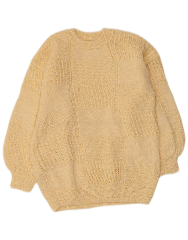 Vintage dame sweater med 3/4 ærmer med rund hals, UK 12 Medium Gul