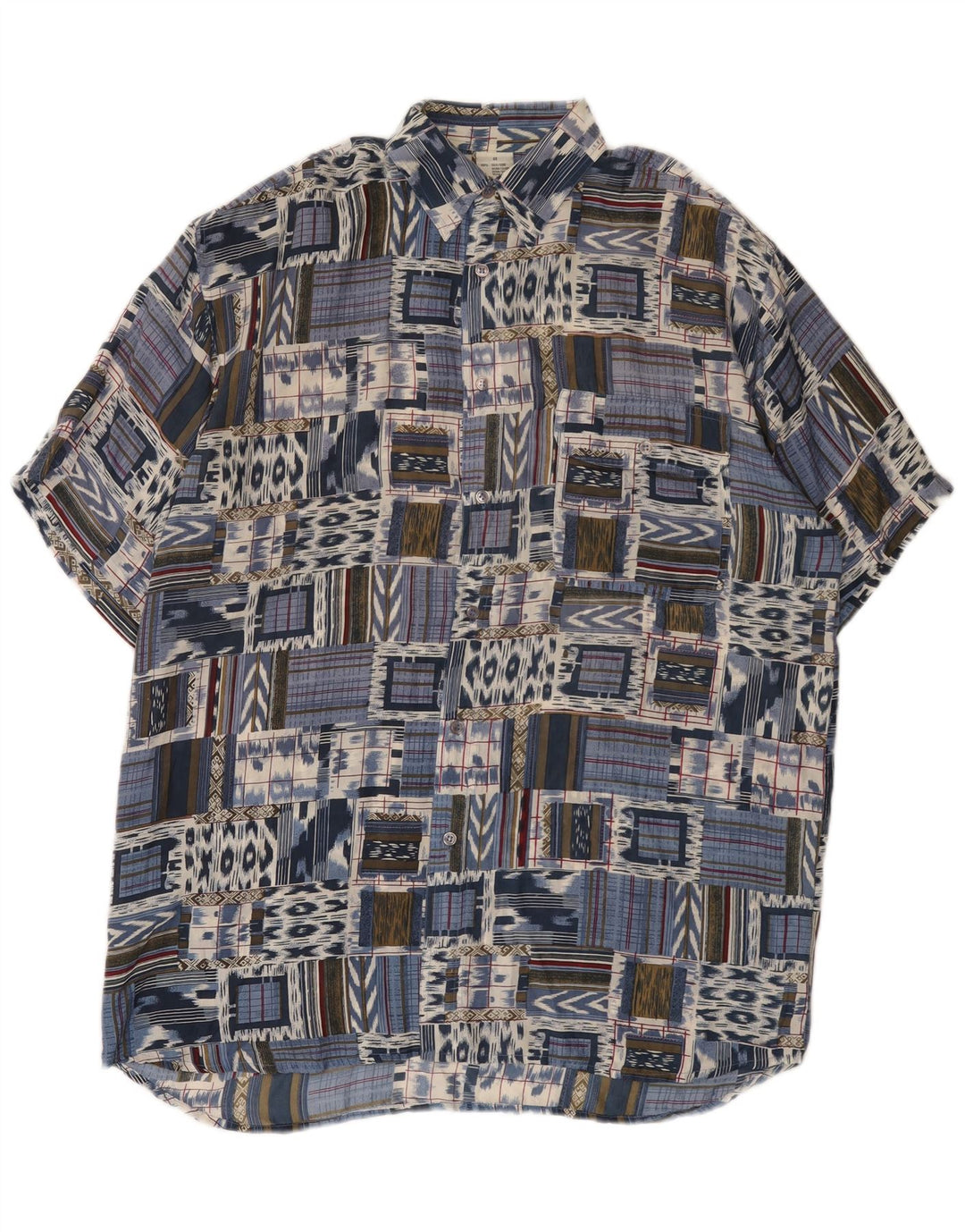 Vintage kortærmet herreskjorte IT 48 Medium Blue Patchwork Silke