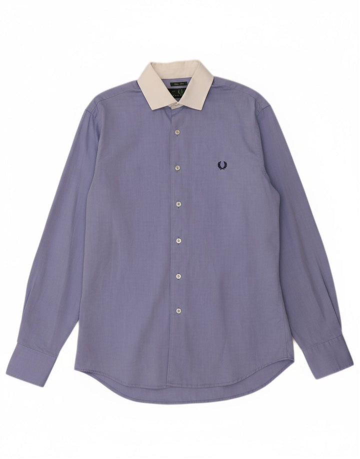 FRED PERRY Mens Slim Fit Shirt Medium Blue Colourblock Cotton
