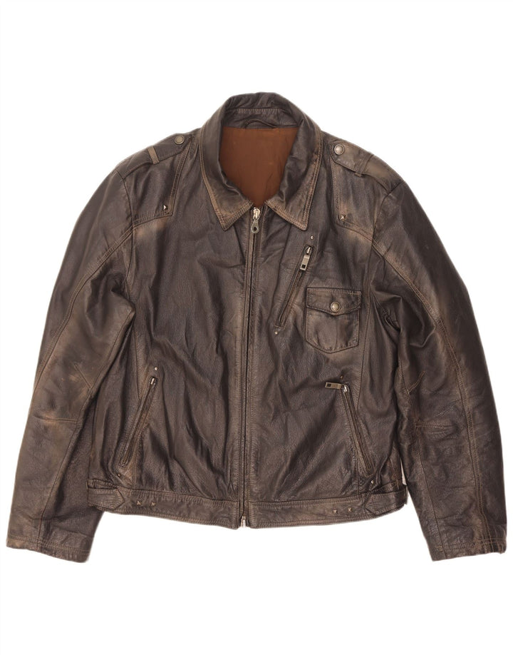 Vintage Herre Military Læderjakke IT 56 3XL Brun