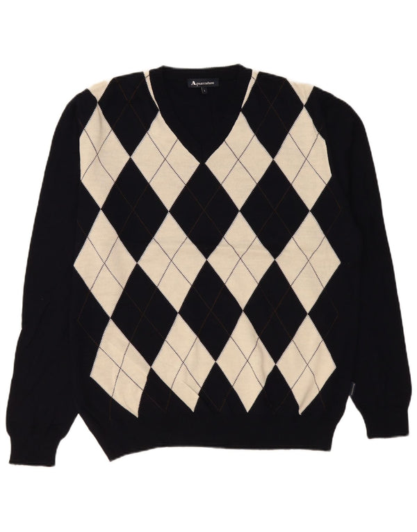 Aquascutum Mens V-Neck Jumper Sweater Large Navy Blue Argyle/Diamond
