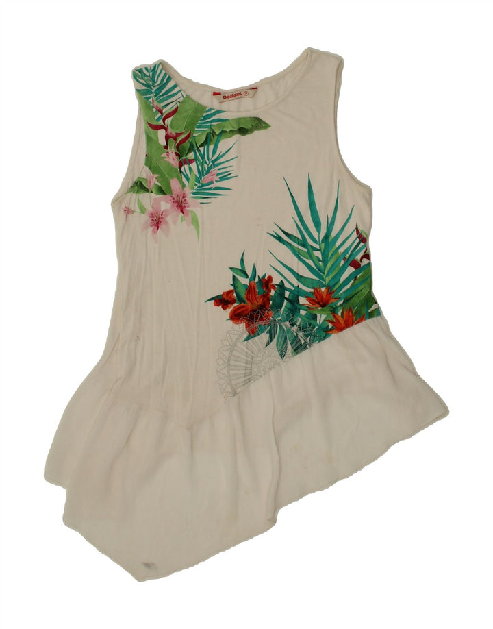 DESIGUAL Womens Asymmetric Tunic Top UK 12 Medium White Floral Cotton Vintage Desigual and Second-Hand Desigual from Messina Hembry 