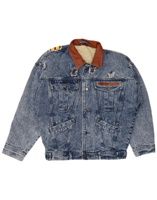 Vintage Mens Distressed Denim Jacket EU 50 Large Blue Polyester