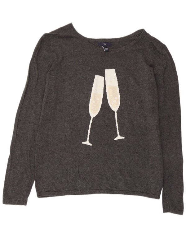 Gap Dame Grafisk Boat Neck Jumper Sweater UK 14 Stor Grå Bomuld