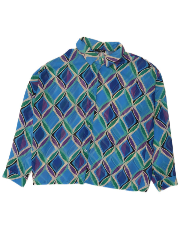 Vintage skjortebluse med 3/4 ærmer til kvinder UK 16 Stor blå geometrisk polyester
