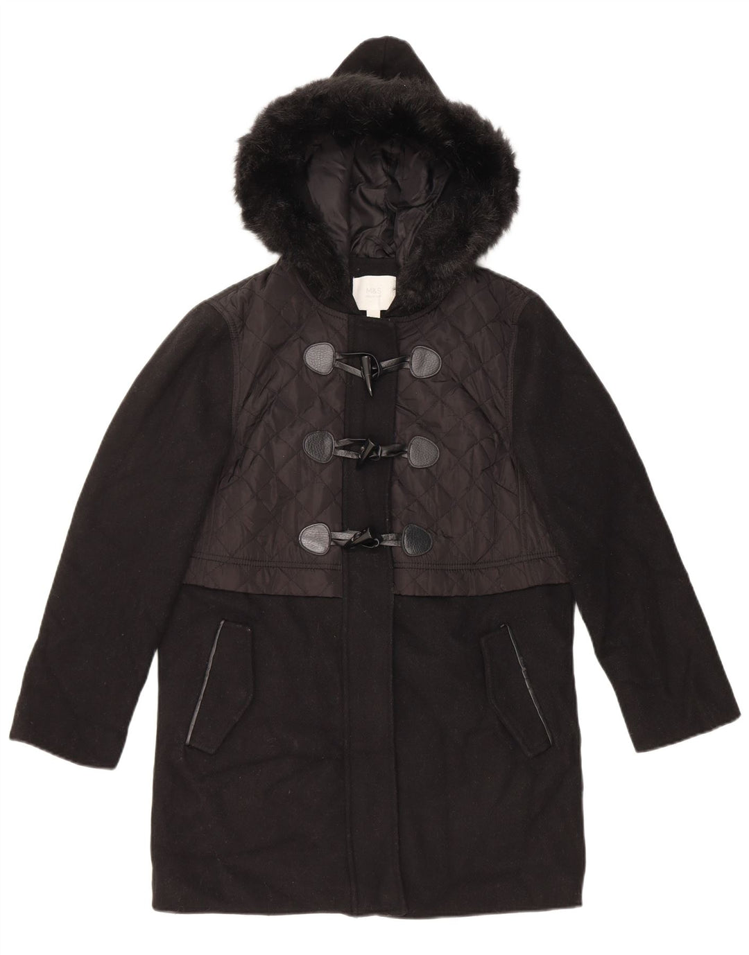 Marks & Spencer Dame Hooded Duffel Coat UK 10 Small Black Wool