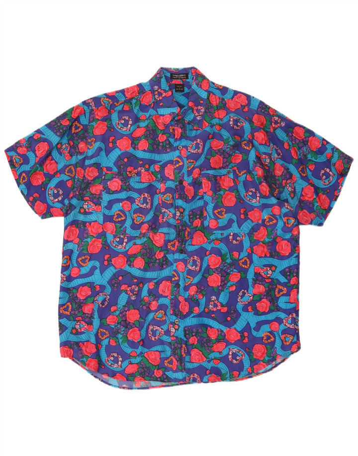 Van Zon Herre kortærmet skjorte Large Blue Floral Silke