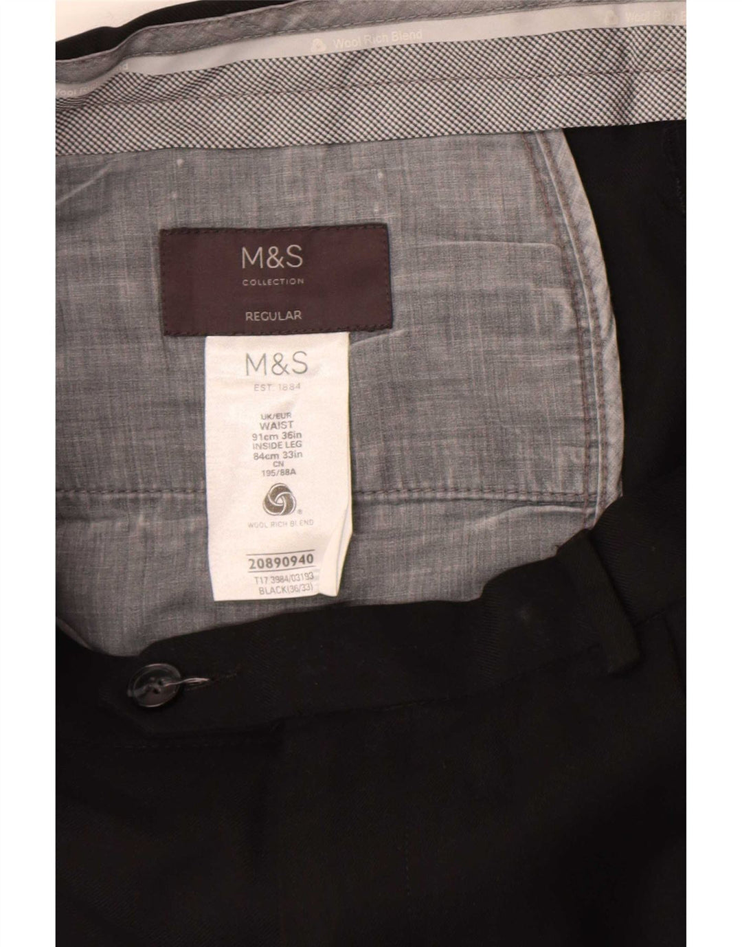 Marks & Spencer Herre Regular Fit Suit Bukser W36 L33 Sort Uld