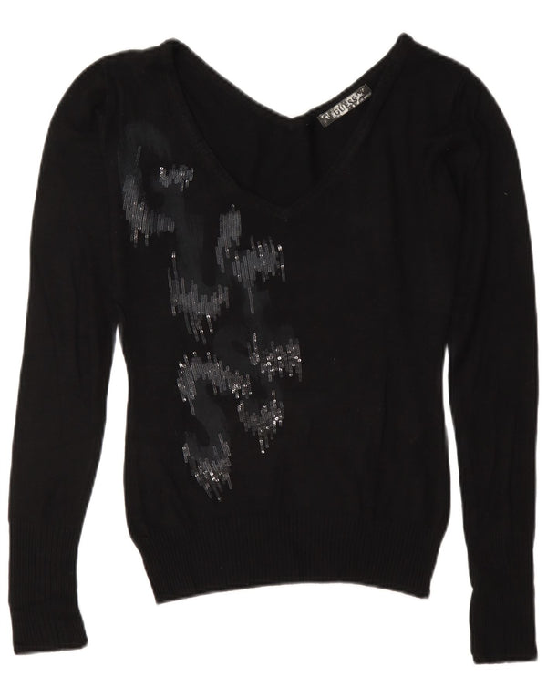 Guess Dame grafisk V-hals sweater UK 10 Small Black Viscose