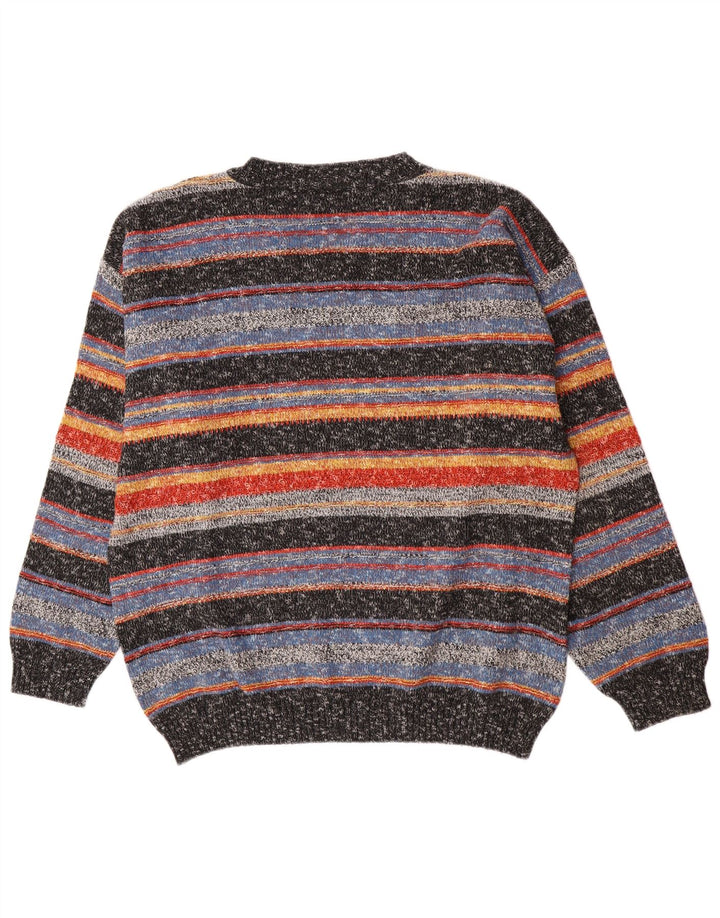Vintage herre V-hals sweater stor flerfarvet stribet akryl