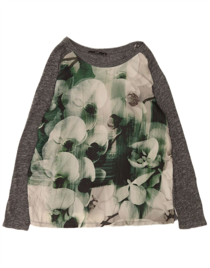 Zara Dame Bluse Top UK 16 Stor Grå Blomster
