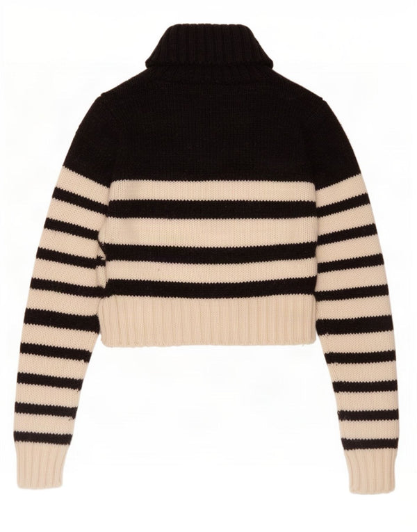 Zara Womens Crop Roll Neck Jumper Sweater UK 16 Stor sort stribet akryl