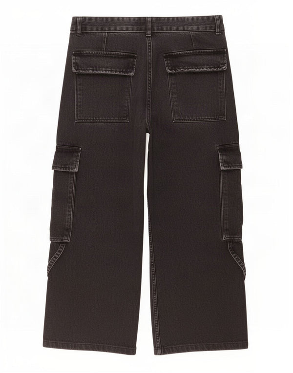 Zara Womens Crop Cargo Jeans med brede ben EU 42 Large W32 L25 Sort Bomuld