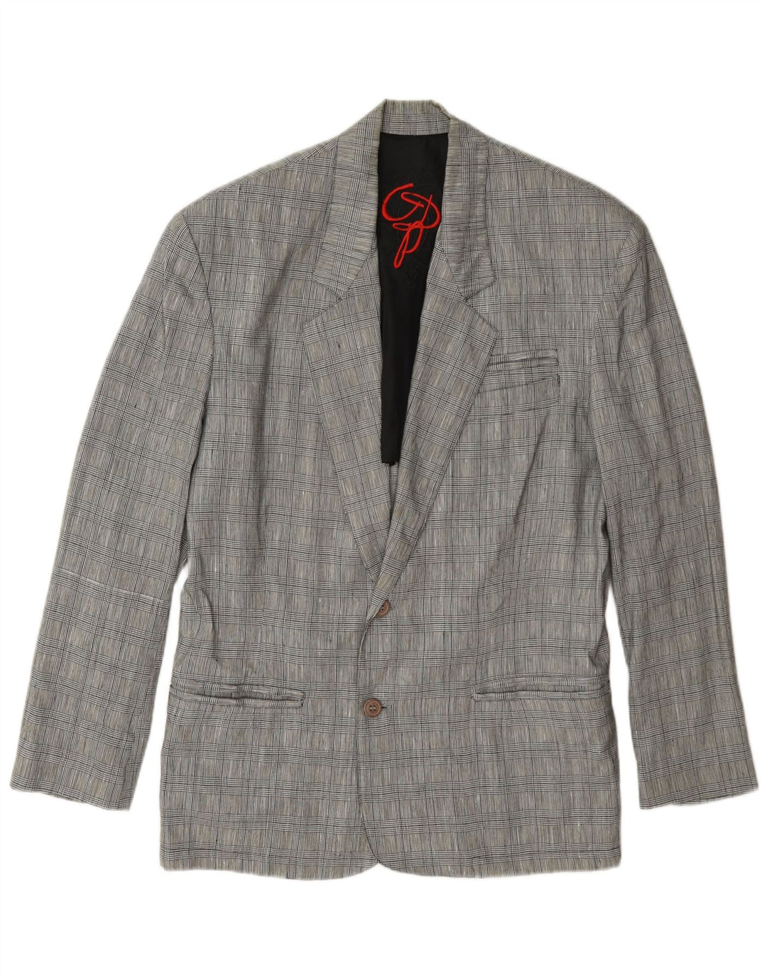 Vintage blazerjakke til mænd med 2 knapper UK 36 Small Grey Houndstooth Linen