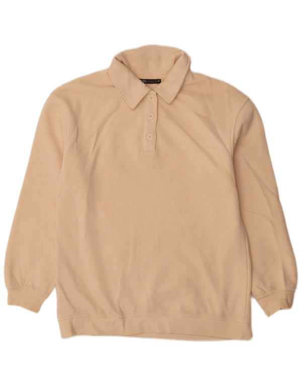 Zara Dame Polo Neck Sweatshirt Jumper UK 10 Small Beige Bomuld