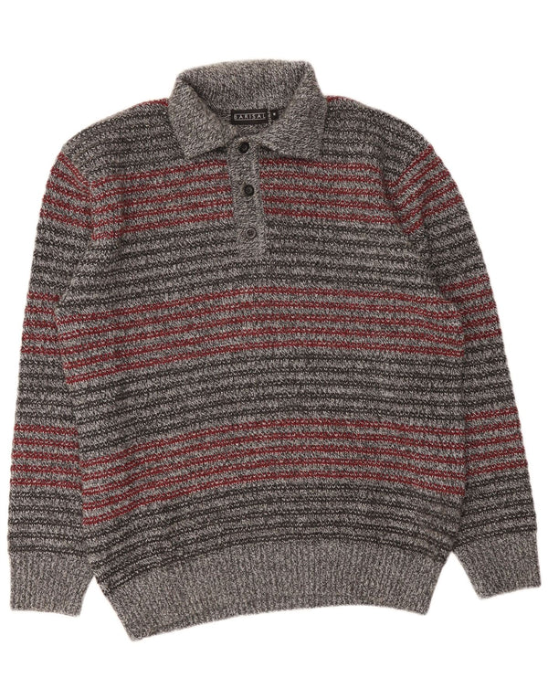Barisal Mens Polo Neck Jumper Sweater Medium Grey Striped Polyacrylic