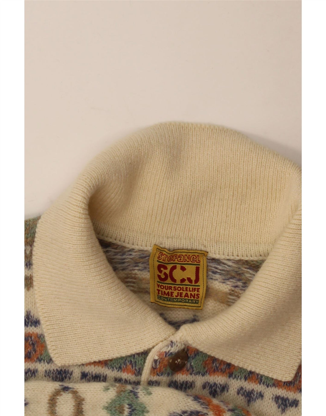 STEFANEL Herre Polo Neck Jumper Sweater Medium Beige Fair Isle