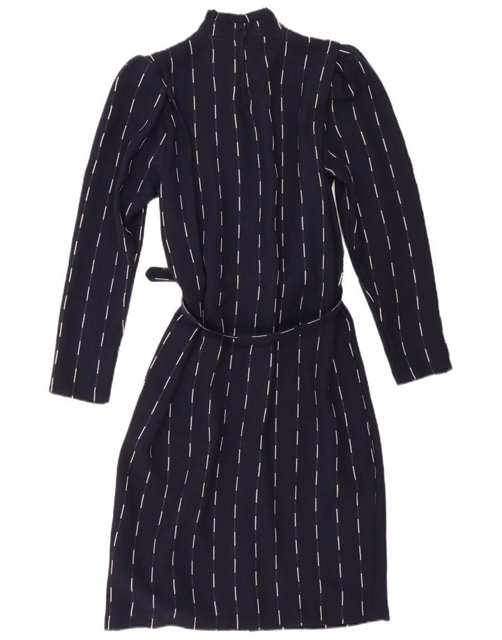 Vintage Dame Langærmet Basic Kjole UK 12 Medium Navy Blue Stribet
