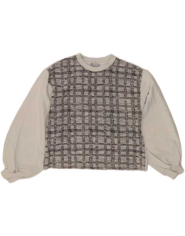 Zara Womens Crop Oversized Sweatshirt Jumper UK 10 Lille hvid ternet bomuld