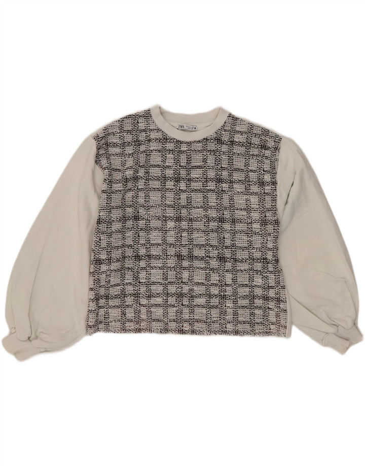 Zara Womens Crop Oversized Sweatshirt Jumper UK 10 Lille hvid ternet bomuld