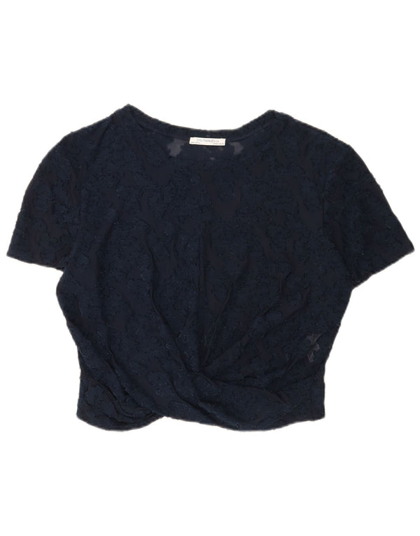 Zara Womens Crop Blondebluse Top UK 14 Large Navy Blue Floral Polyester