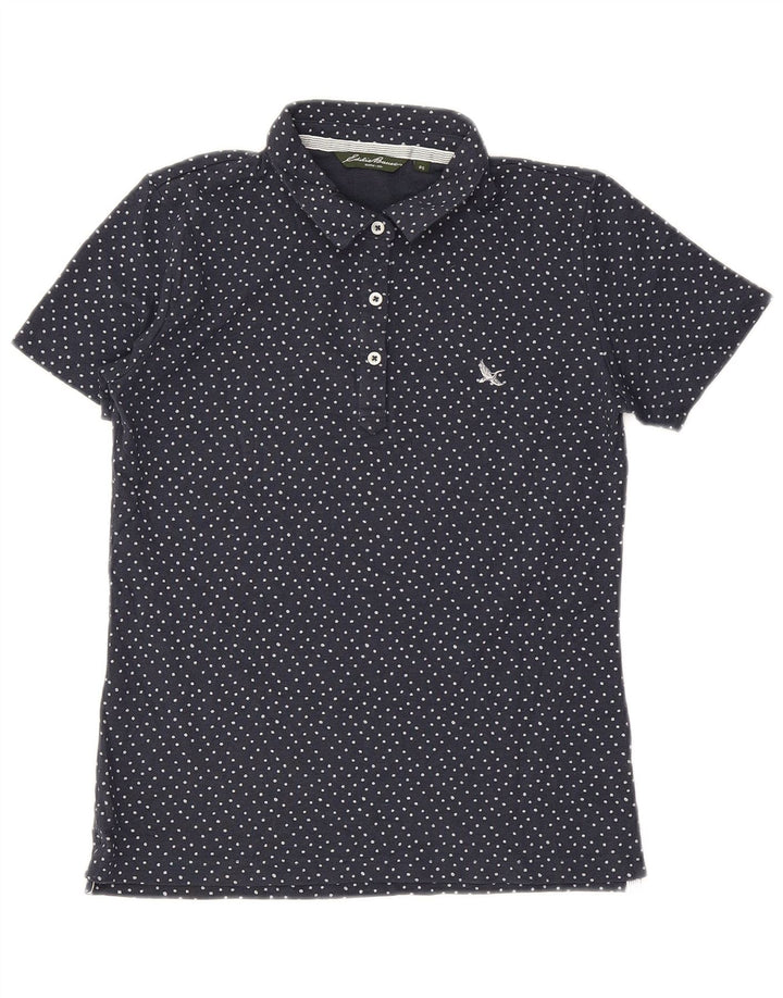 EDDIE BAUER Dame Polo Shirt UK 10 Small Navy Blue Polka Dot