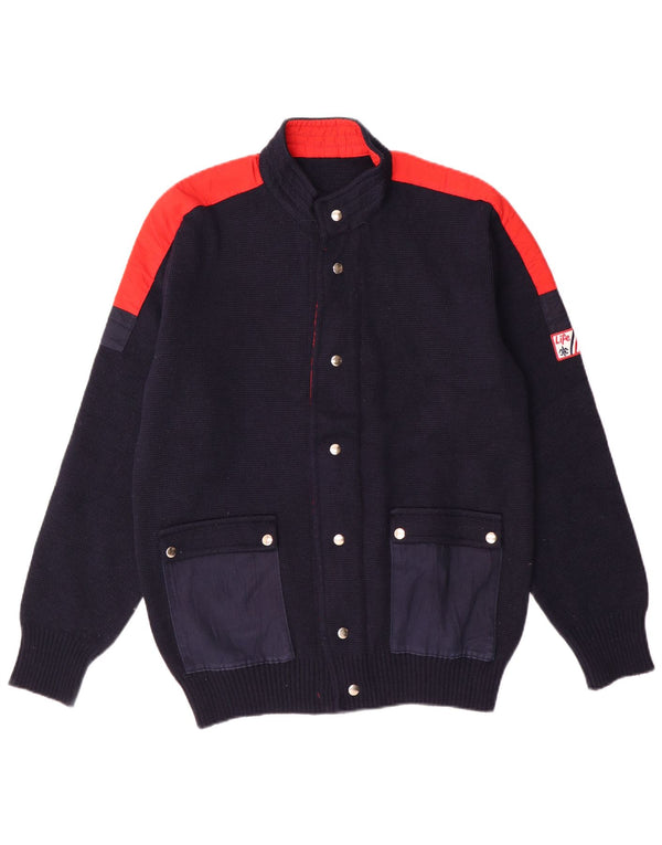 Vintage herre cardigan sweater IT 50 Medium Marineblå Colourblock Uld