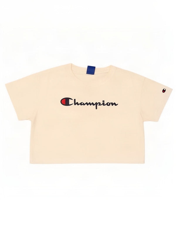 Champion Dame Crop Grafisk T-Shirt Top UK 14 Medium Hvid Bomuld