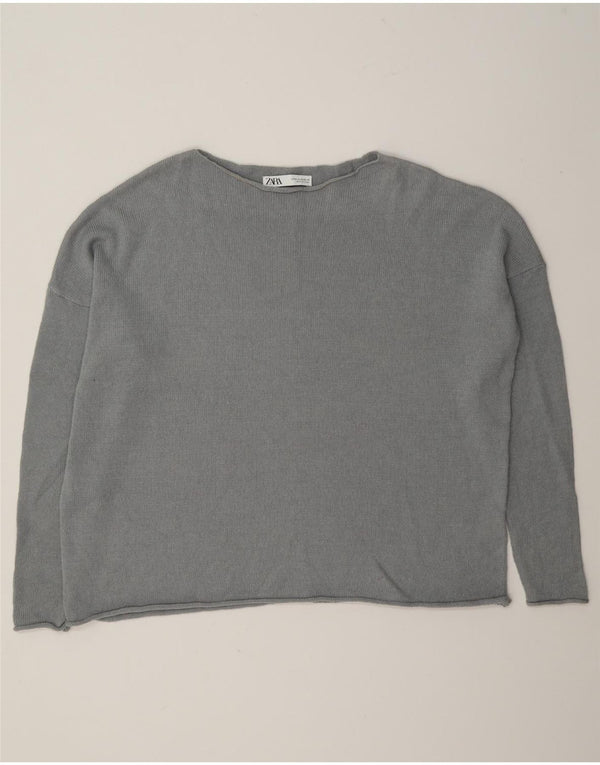Zara Dame Oversized Boat Neck Jumper Sweater UK 14 Medium Grey Bomuld