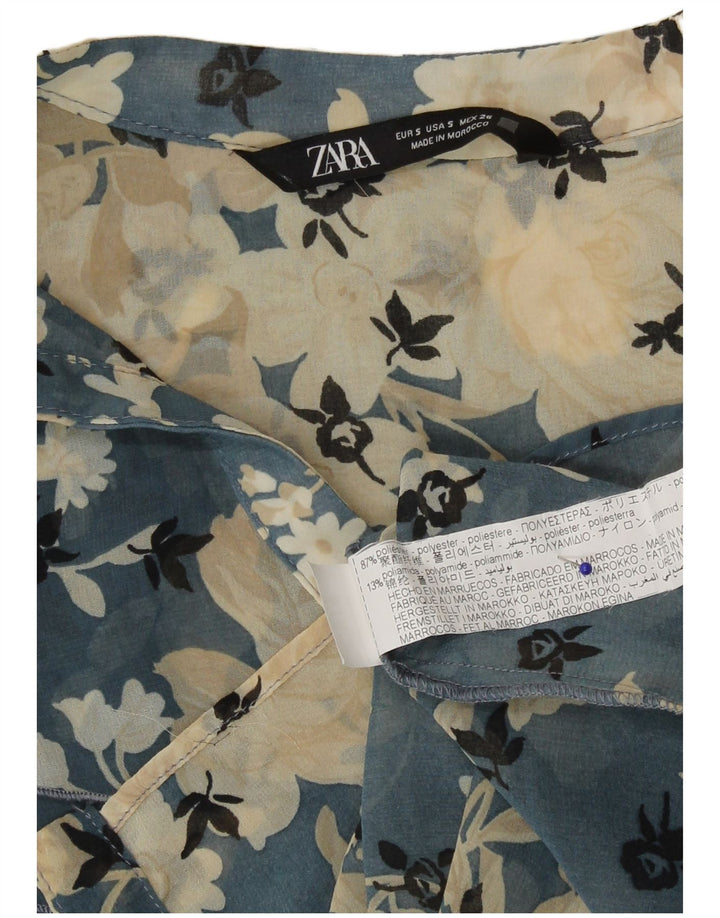 Zara Dame Se Through Shirt Bluse UK 10 Small Blue Floral Polyester