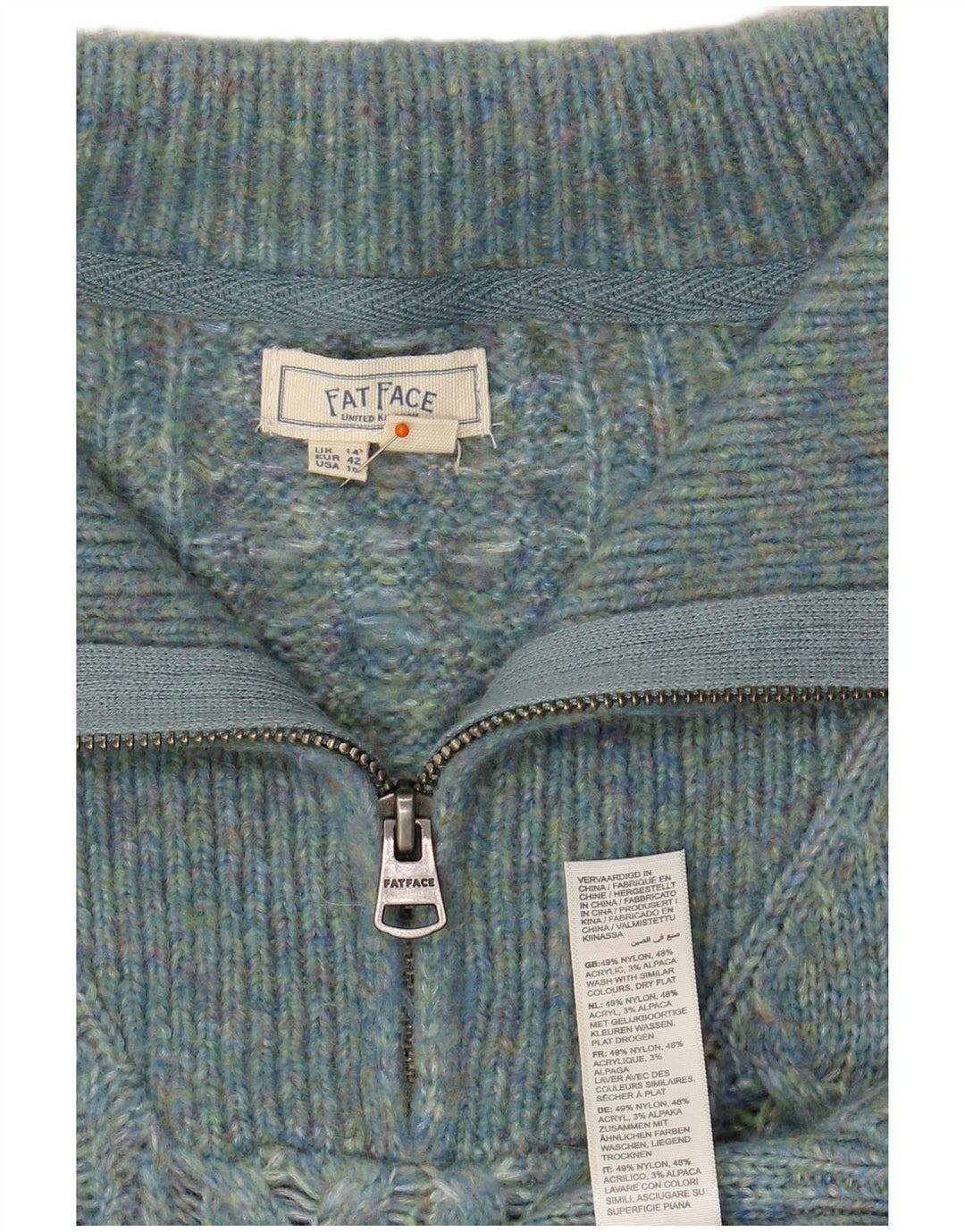 FAT FACE Dame Zip Neck Jumper Sweater UK 14 Stor turkis nylon