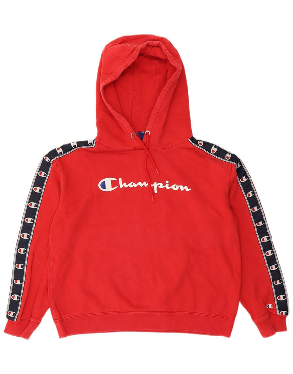 Champion Dame Grafisk Hoodie Jumper UK 14 Medium Rød Colourblock Bomuld